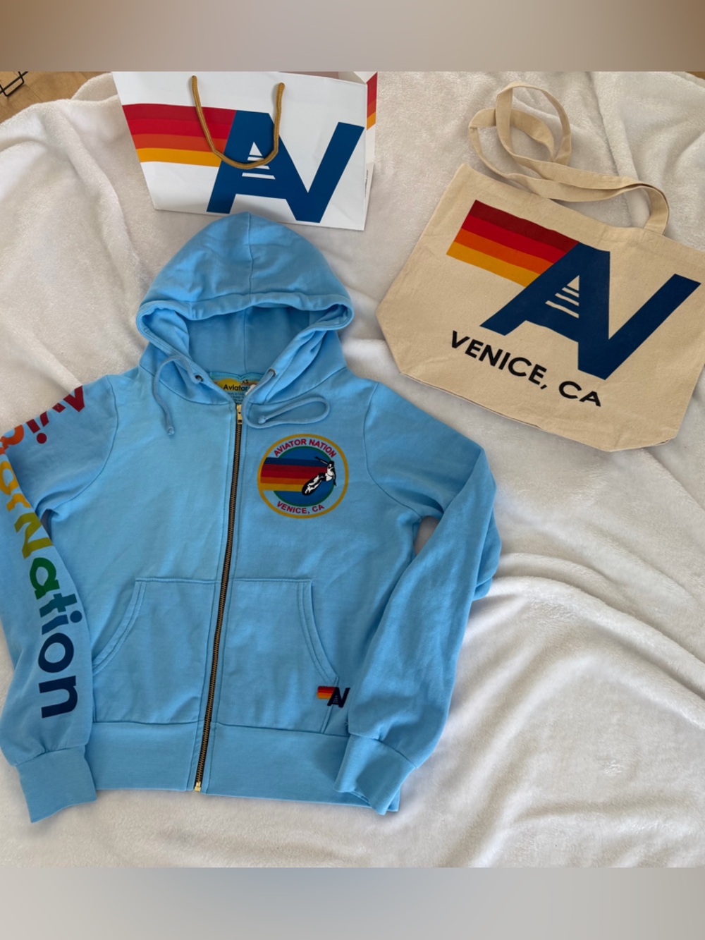 NWT AVIATOR NATION Venice Logo Zip Hoodie Extra  Small Sky + Tote Bag